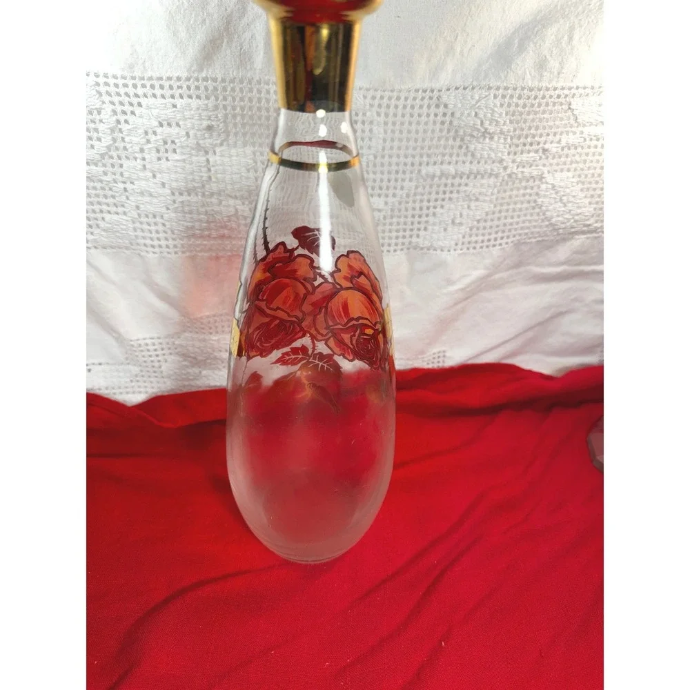 Bohemia Glass Red Rose Gold Gilt Vase Vintage Czechoslovakia Frosted Art Glass